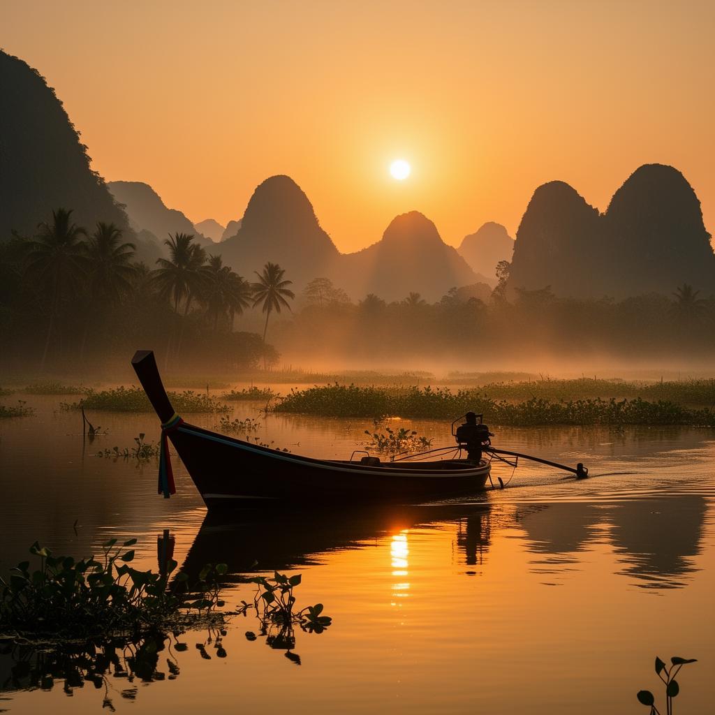 Misty dawn landscape in Southern Thailand, traditional boat resting on calm water